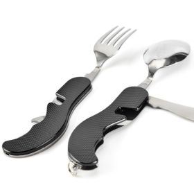 4 In 1 Outdoor Tableware Set Camping Cooking Supplies Stainless Steel Spoon Portable Fork Knife Multifunction Folding Portable Pocket Kits Bottle (Color: Black)