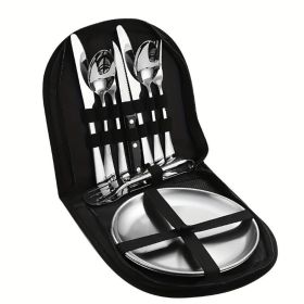 two set of 10 portable stainless steel tableware, suitable for hotels/restaurants/gatherings, hiking, and camping adventures. There are plates, f (colour: black)